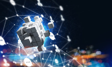 Conceptual background image with cube figure and social connection lines. 3d renderingの写真素材