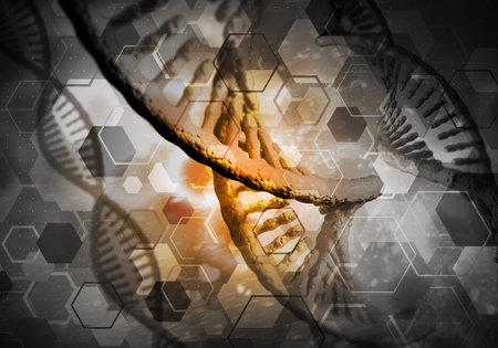 Background image with DNA molecule research concept. 3D renderingの写真素材
