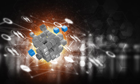 Conceptual background image with cube figure and social connection lines. 3d renderingの写真素材