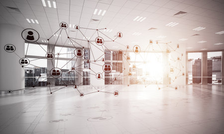 Lines connected with dots as social communication concept in office interior. 3D renderingの写真素材
