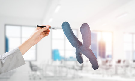 Close of businessman hand and dna molecule on interior background. Mixed mediaの写真素材