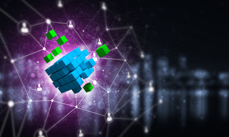 Conceptual background image with cube figure and social connection lines. 3d renderingの写真素材