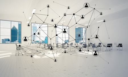 Lines connected with dots as social communication concept in office interior. 3D renderingの写真素材
