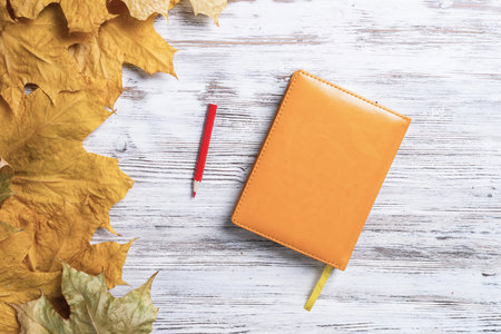 Notebook and pen lies on vintage wooden desk with bright foliage. Flat lay composition with autumn leaves on white wooden surface. Day planning and relaxation. Blank notepaper with copy spaceの写真素材