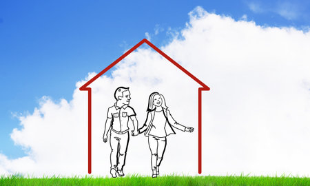 House figure as real estate symbol on clouds backgroundの写真素材
