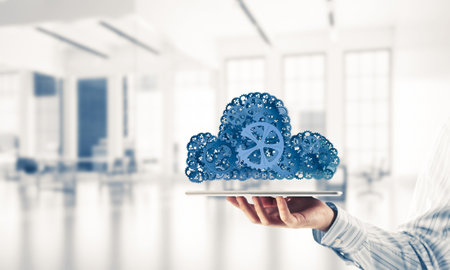 Close of businessman presenting tablet pc and cloud computing concept. Mixed mediaの写真素材