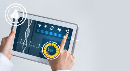 Tablet pc device with medicine interface screen in hands of doctorの写真素材
