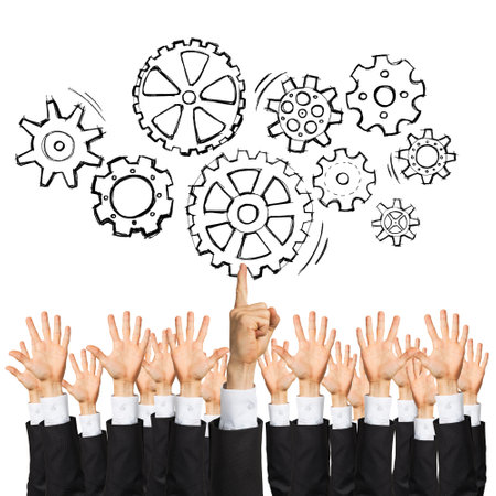 Group of hands of businesspeople showing gestures isolated on whiteの写真素材