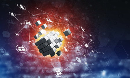 Conceptual background image with cube figure and social connection lines. 3d renderingの写真素材