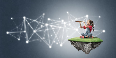 Cute smiling girl on floating island presenting social connection conceptの写真素材