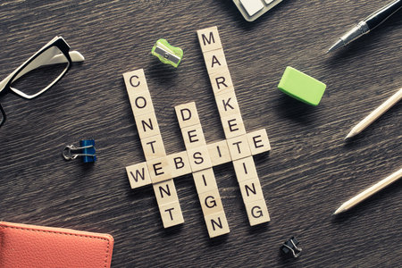 Marketing and business concept with crossword collected of game blocksの写真素材