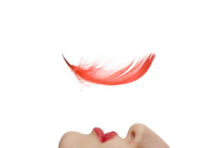 Female lips blowing to red feather floating above. Isolated on white background.の写真素材