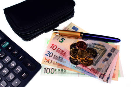 Euro money, wallet, calculator, pen and wallet on a white background