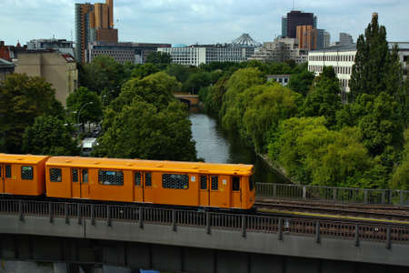 Berlin, Germany - May 30, 2013: Subway U-bahn train crossing bridge in Berlinのeditorial素材