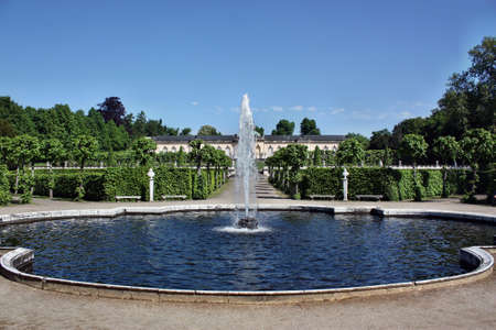 Potsdam, Germany - May 19, 2013:  The fountain in the background of the palace Bildergalerie. Sanssouci is the most famous palace of Frederick the Great, King of Prussiaのeditorial素材