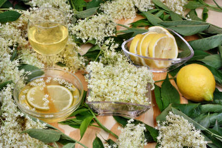 Healthy glass of fresh syrup with elderberry flowersの写真素材