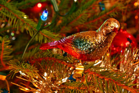Pigeon ornament hanging on the Christmas treeの写真素材