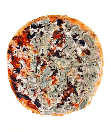 Old moldy pizza on a white background. Food poisoningの写真素材