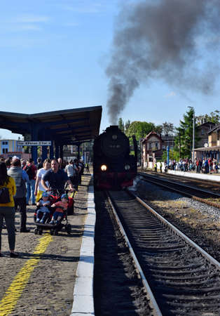 Wolsztyn, Poland - April 28, 2018: The parade of steam locomotives in Wolsztyn. The annual show, which takes place in the old steam depot.のeditorial素材