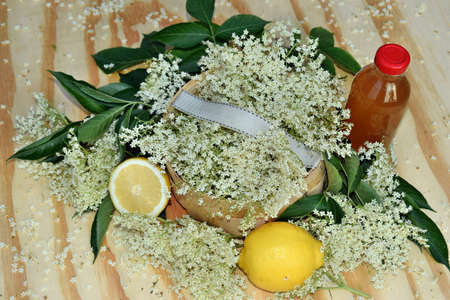 Health drink from elderberry flowers on a wooden tableの写真素材