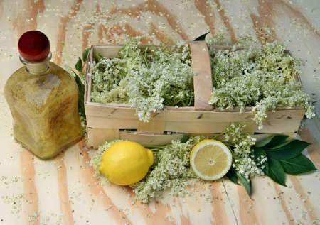 Health drink from elderberry flowers on a wooden tableの写真素材