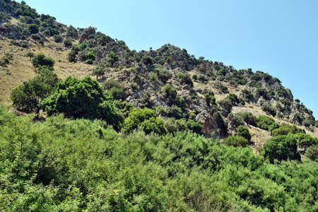 View on the mountain and trees at lake Kournasの写真素材