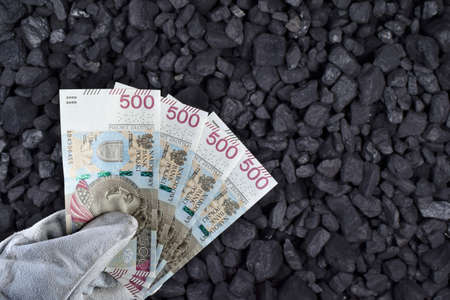 Polish currency showed on coal of mine deposit mineral resources background whose prices increase...