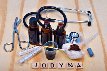 Iodine looks like lugol fluid lugola wanted in pharmacies during the risk of radioactive radiation, explosion atomic bomb or the Chernobyl nuclear power plant accidentの写真素材