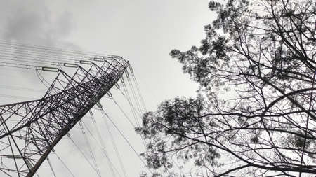 Black and white photo of electricity distribution tower in Cikancung area - Indonesiaの写真素材