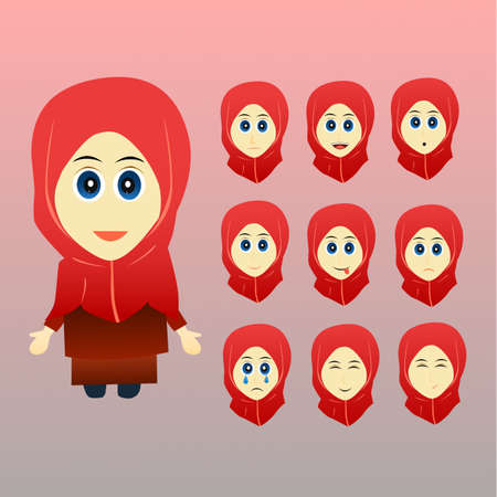 Hijab girl character emoji stickers. cute hijab girl emoticons, for stickers, chat, vector illustrationのイラスト素材