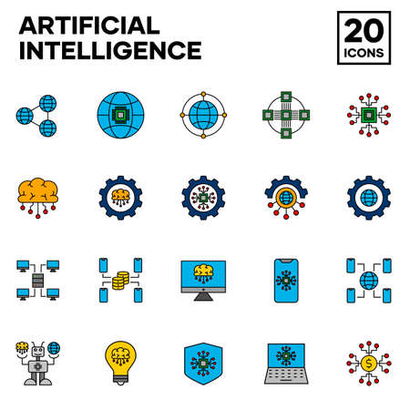 Artificial Intelligence icon set with filled line style, like brain, chipset, technology, machine, computing and internet network. Editable stroke and pixel perfect icons.のイラスト素材