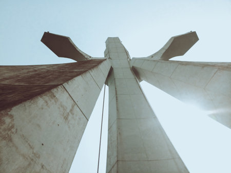 Low angle view of modern architecture of the cathedral of Saint Paul in Abidjan, Ivory Coast.の写真素材