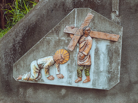 Religious symbol on the wall of an old church Sculpture station Way of the Cross of the Cathedral of St. Paul in Abidjan, Ivory Coastの写真素材