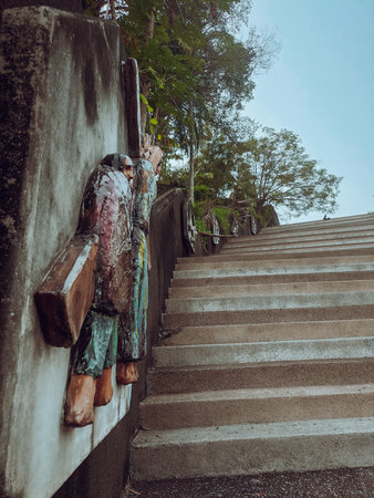 Old stairs in the old town of the cathedral of Saint Paul in Abidjan, Ivory Coastの写真素材