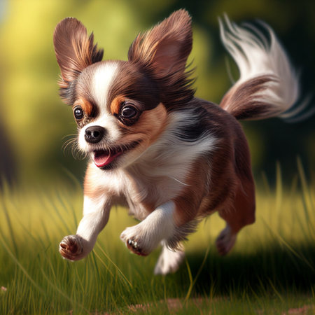 Funny chihuahua dog running in the green grass.の素材