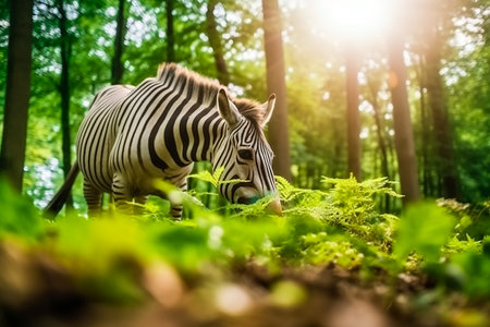 Zebra eating grass in the green forest with sun light background.の素材