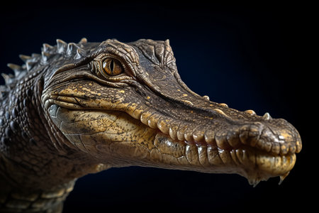 head of a Gharial crocodile portrait Gavialis gangeticus, Crocodile head on black background, close up. Studio shot.の素材