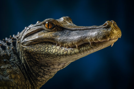 head of a Gharial crocodile portrait Gavialis gangeticus, Crocodile head close up on dark blue background. animal portraitの素材