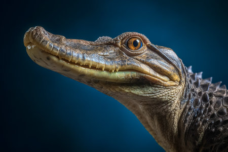 head of a crocodile Gharial portrait Gavialis gangeticus, Crocodile head on a dark blue background close-upの素材