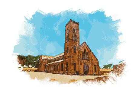 Gothic Church of St Mary of the Assumption. Vector illustration. water-based painting of the Notre Dame du Rosaire cathedral in Mbalmayoのイラスト素材