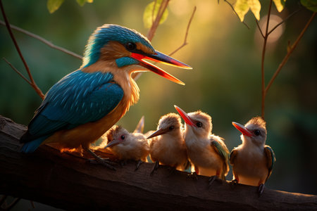 Kingfisher and its chicks on a branch at sunset in nature. family of Senegalese Kingfisher - Halcyon senegalensis, with their children perchedの素材