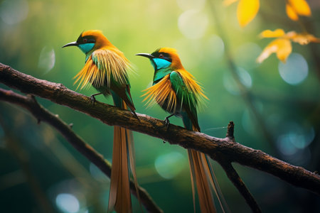 pair of greater emerald bird of paradise, perched on a branch.Couple of Bee-eater bird (Merops Apiaster)の素材