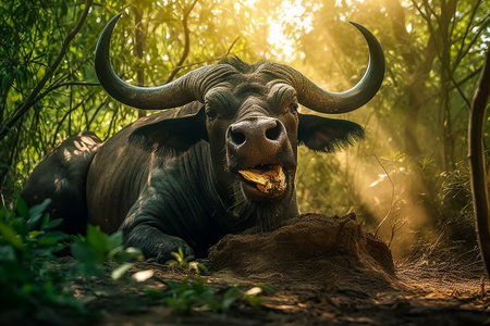 African buffalo (Bubalus bubalis) in the forest at sunsetの素材
