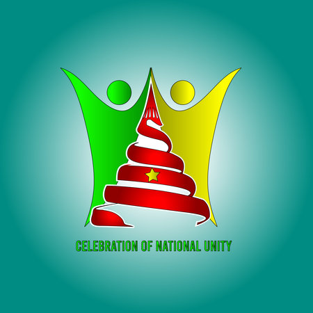 men holding hands behind the Monument of the Reunification of Cameroon, in the colors of the national flagのイラスト素材