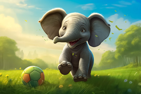 elephant playing soccer with ball in the meadow - 3d illustrationの素材
