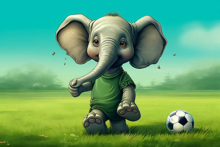 elephant with soccer ball in the meadow - 3d illustrationの素材