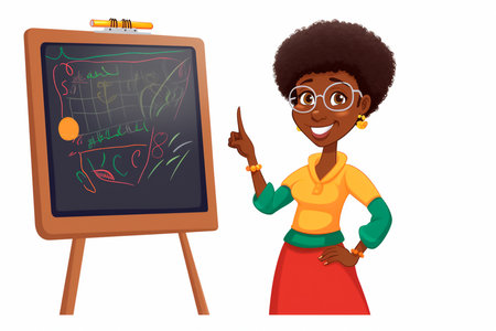 African american woman teacher with blackboard. Vector cartoon illustration.の素材