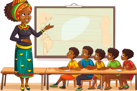 African teacher teaching children in the classroom illustration on a white background.の素材
