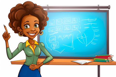 Illustration of a black female teacher at the blackboard on a white backgroundの素材