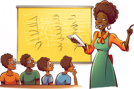 Illustration of a Black Female Teacher Pointing to a Blackboardの素材